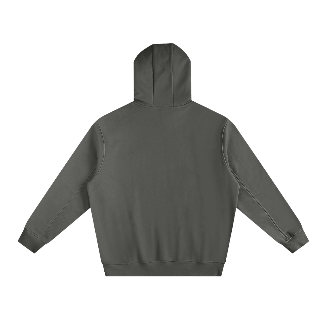 Back view of the Fleeced High Neck Hoodie in dark gray, featuring long sleeves and a clean, logo-free design. This affordable luxury hoodie is laid flat on a white background.