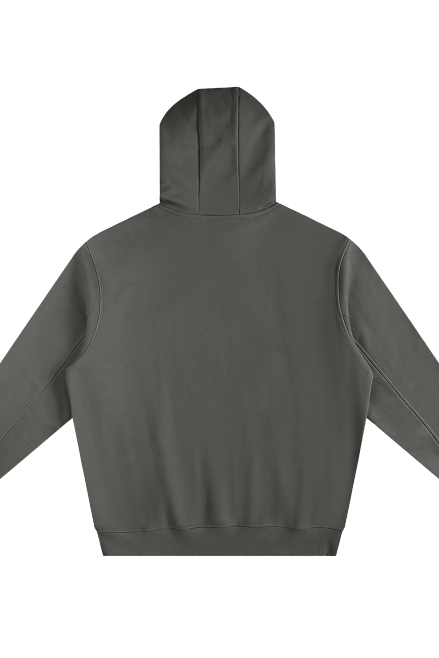 Back view of the Fleeced High Neck Hoodie in dark gray, featuring long sleeves and a clean, logo-free design. This affordable luxury hoodie is laid flat on a white background.