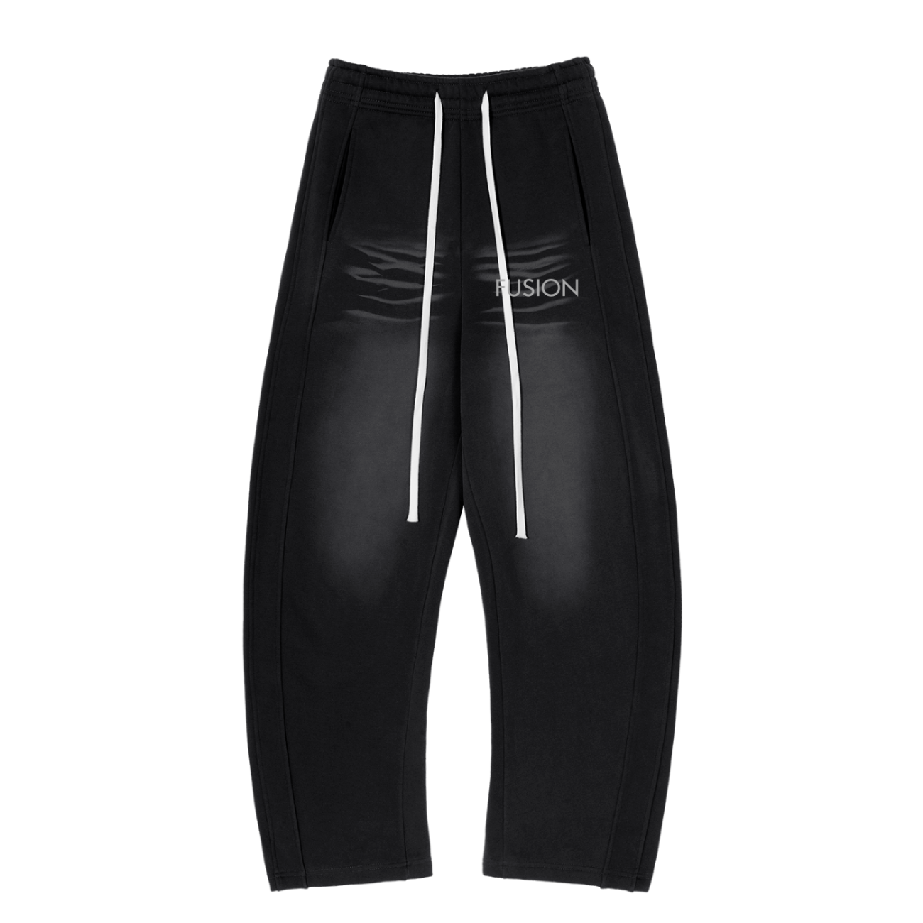 The Sunfade Curved Blade Fleece Sweatpants feature baggy black design, a shiny finish, wide legs, visible white drawstrings, and subtle FUSION print near the waistband—capturing classic affordable luxury for a standout look.