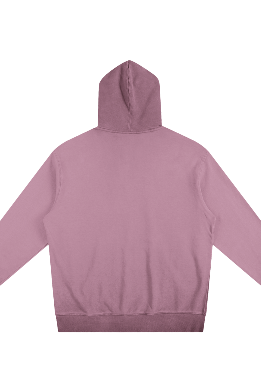 The FC&Co. Ombre Vintage Stone Washed Colorpointed Hoodie, seen from the back in light mauve, features long sleeves, a front pocket, and ribbed details—perfect for those seeking affordable luxury.