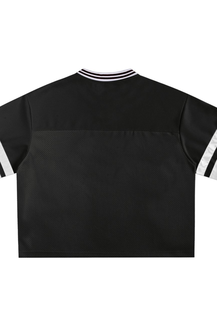 The Taped Mesh Boxy T-shirt is a black short-sleeve jersey with white double stripes on each sleeve and a ribbed collar featuring black, white, and purple stripes—perfect for those seeking affordable luxury style.