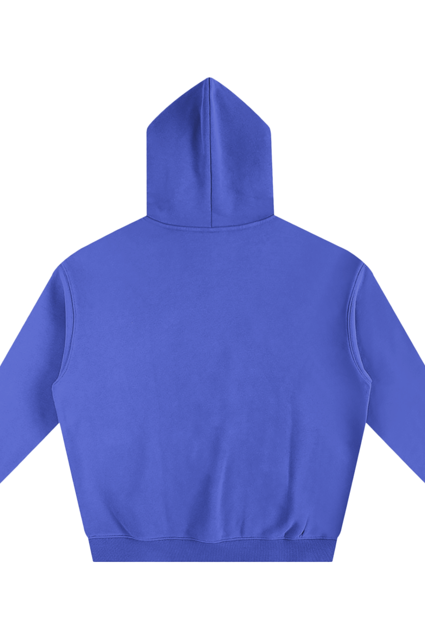 The Fusion Oversize Fleeced Hoodie is shown with the back facing up against a white background, highlighting its simple design and luxurious comfort.
