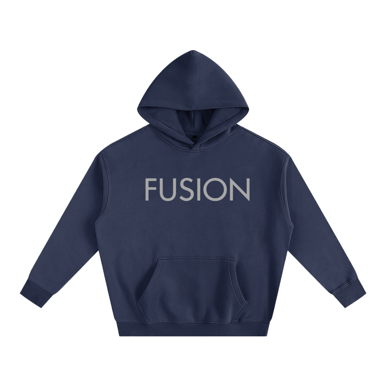 The Fusion Oversize Fleeced Hoodie is a navy blue sweatshirt with FUSION in large light gray letters on the chest, featuring a front pocket and long sleeves for comfort and style. This piece blends affordable luxury with everyday wear.