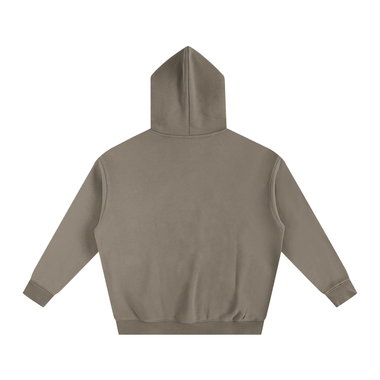 The Fusion Oversize Fleeced Hoodie in plain taupe is shown from the back with a hood and long sleeves on a white background—an ideal choice for those seeking affordable luxury.