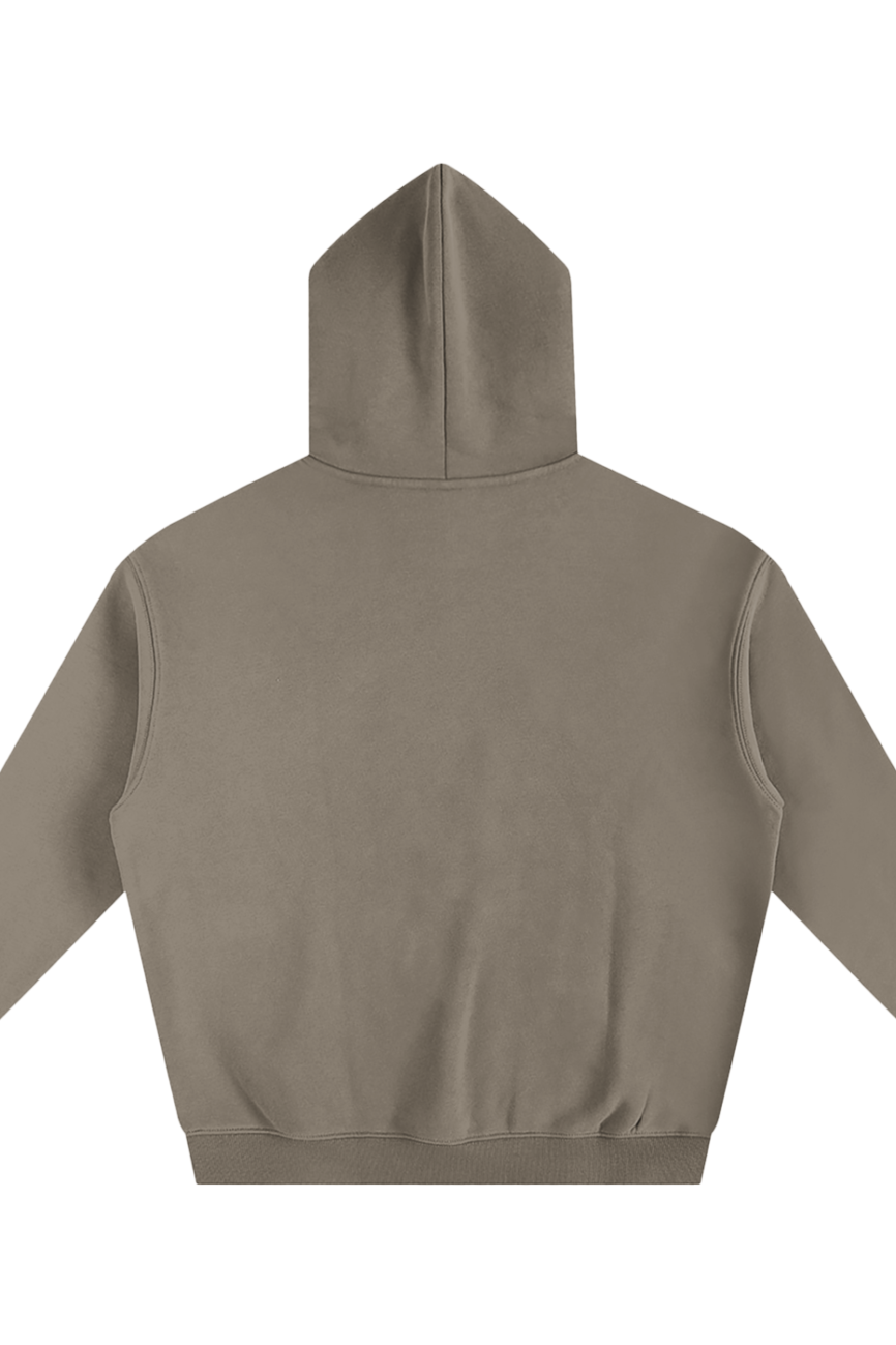 The Fusion Oversize Fleeced Hoodie in plain taupe is shown from the back with a hood and long sleeves on a white background—an ideal choice for those seeking affordable luxury.
