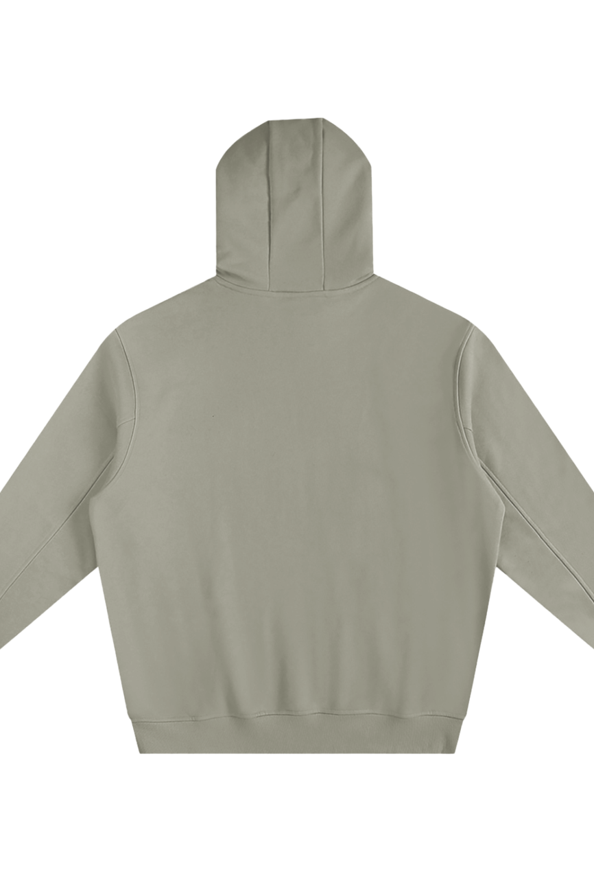 The Fleeced High Neck Hoodie from our Affordable Luxury Clothing line is shown from the back in light gray, featuring long sleeves and ribbed cuffs and hem, laid flat on a white background.