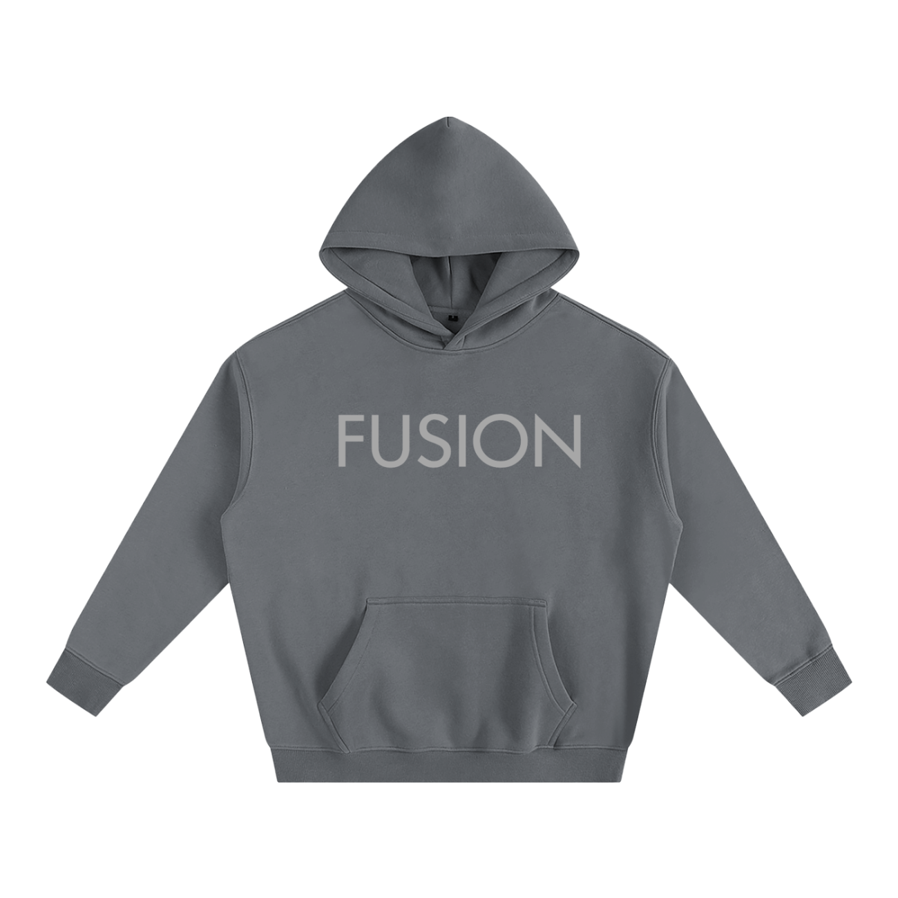 The Fusion Oversize Fleeced Hoodie is a gray, hooded sweatshirt featuring a front pocket and FUSION in bold, light letters on the chest—offering affordable luxury and everyday comfort.