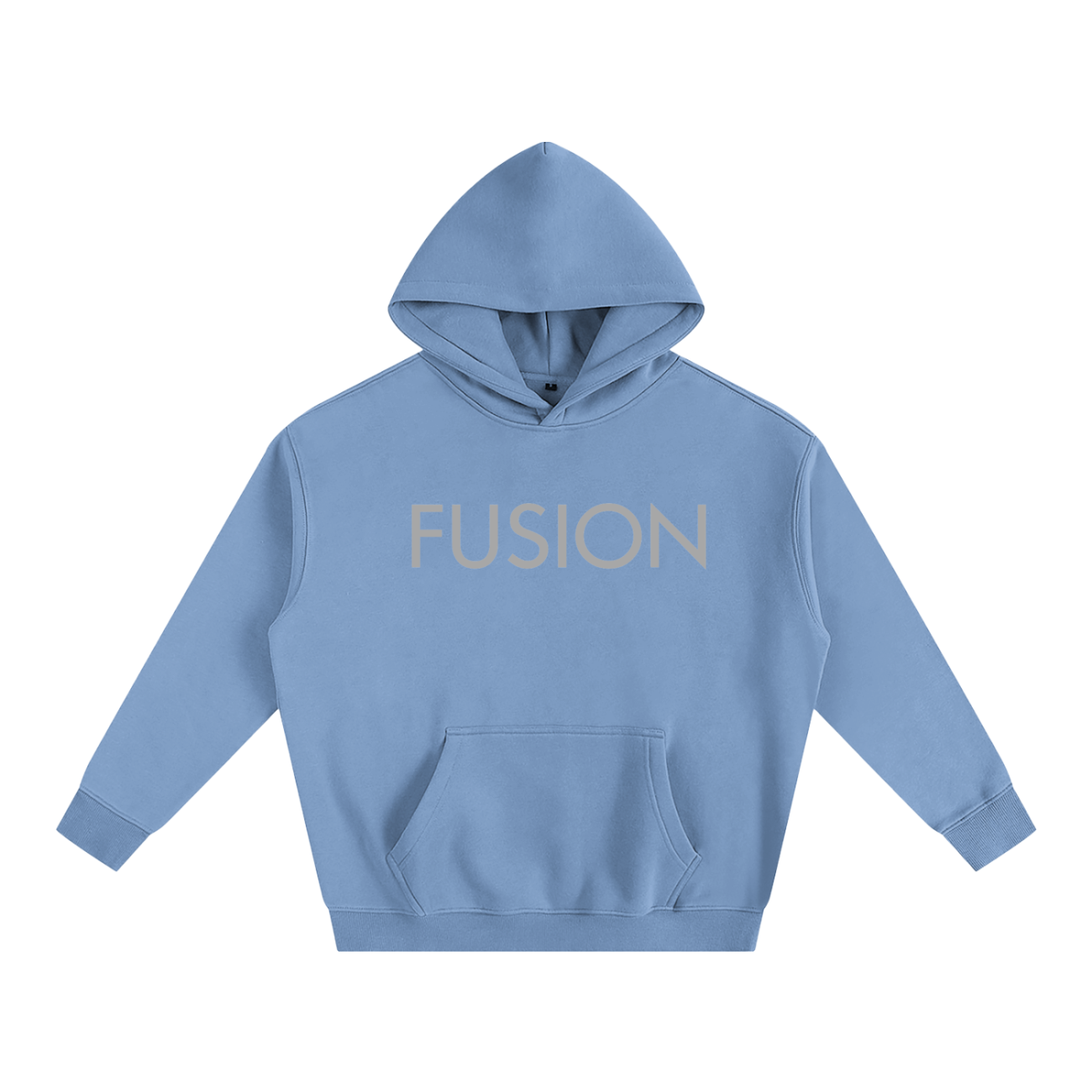 The Fusion Oversize Fleeced Hoodie is a light blue hooded sweatshirt with FUSION in large beige letters across the chest, featuring a front pocket and ribbed cuffs for comfort and style. Experience affordable luxury with this standout piece.