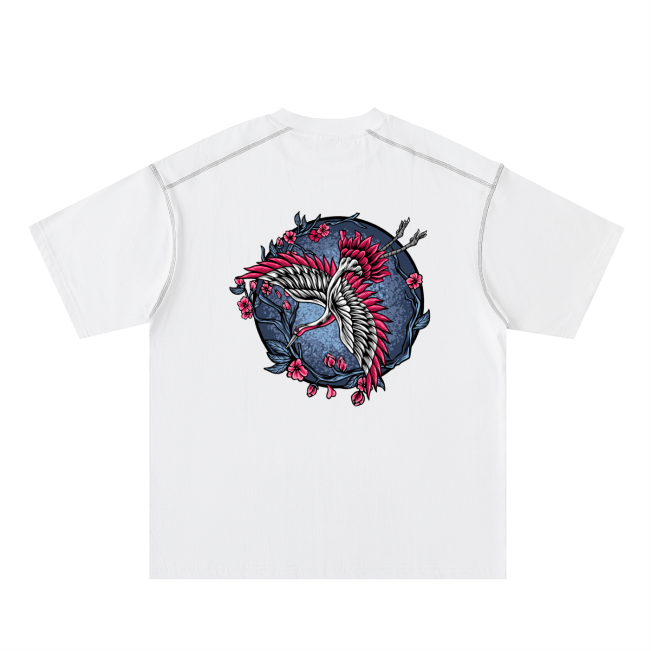 The Crane - Oversized Contrast-Stitched Cotton Tee from our Affordable Luxury Clothing line is a white T-shirt with a back graphic of two stylized cranes, pink flowers, and dark branches on a blue textured backdrop.