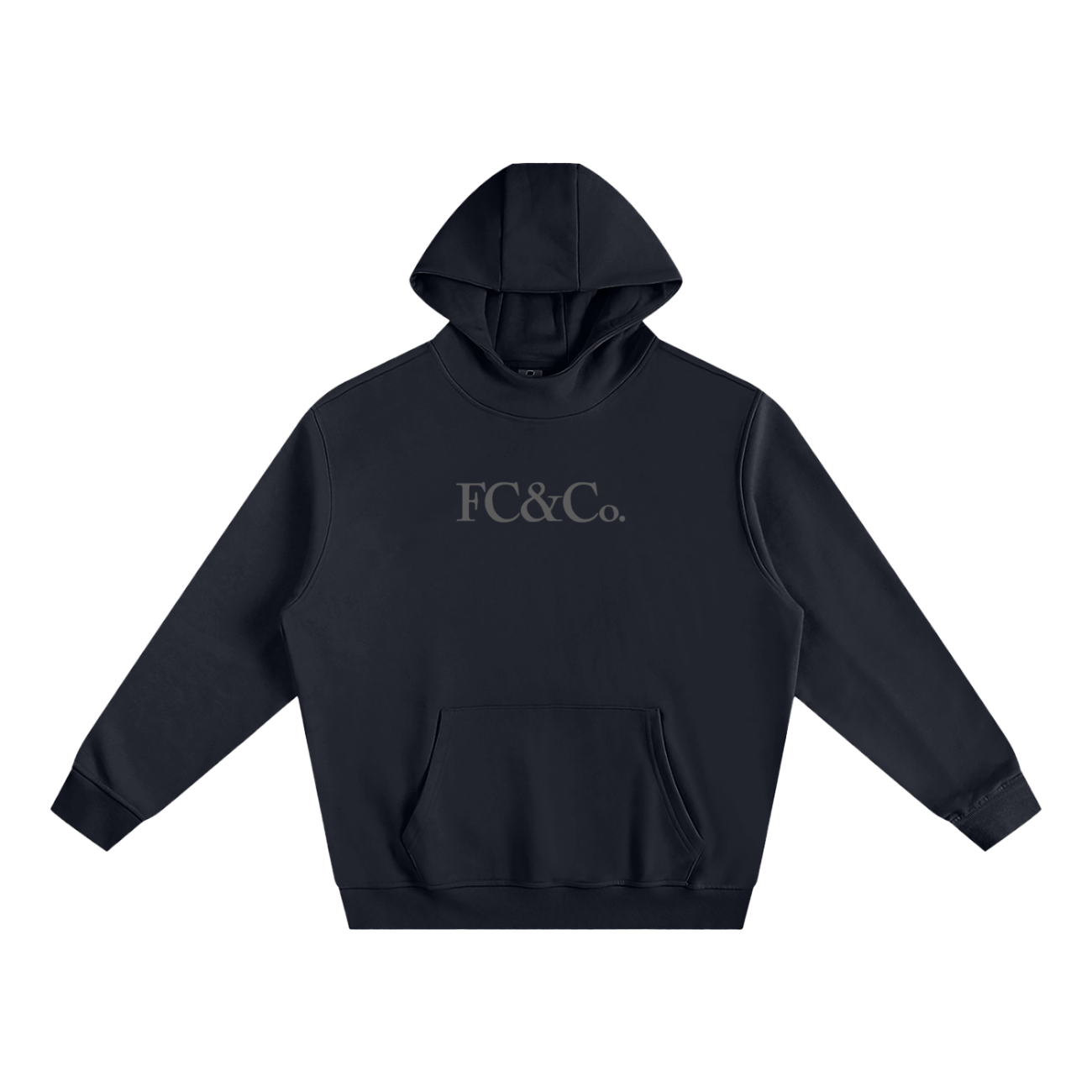 The Fleeced High Neck Hoodie features a black design with a front pocket and FC&Co. in light gray across the chest, blending affordable luxury. Displayed on a white background.