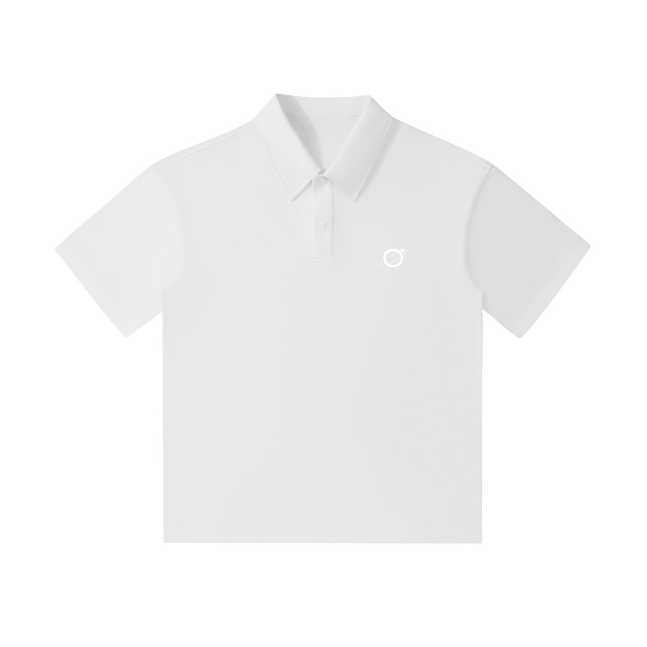 The Drop Shoulder Short-Sleeve Polo is a crisp white, collared shirt with three buttons and a subtle circular logo on the left chest. Its timeless design offers affordable luxury for any wardrobe.