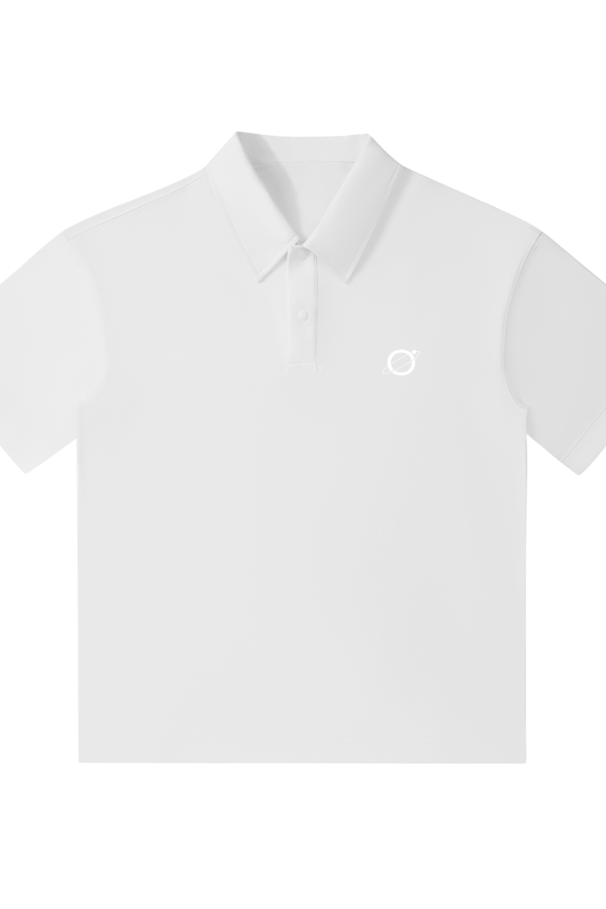 The Fusion Drop Shoulder Short-Sleeve Polo is an affordable luxury staple with a collar, three buttons, and a small white circular logo on the left chest.