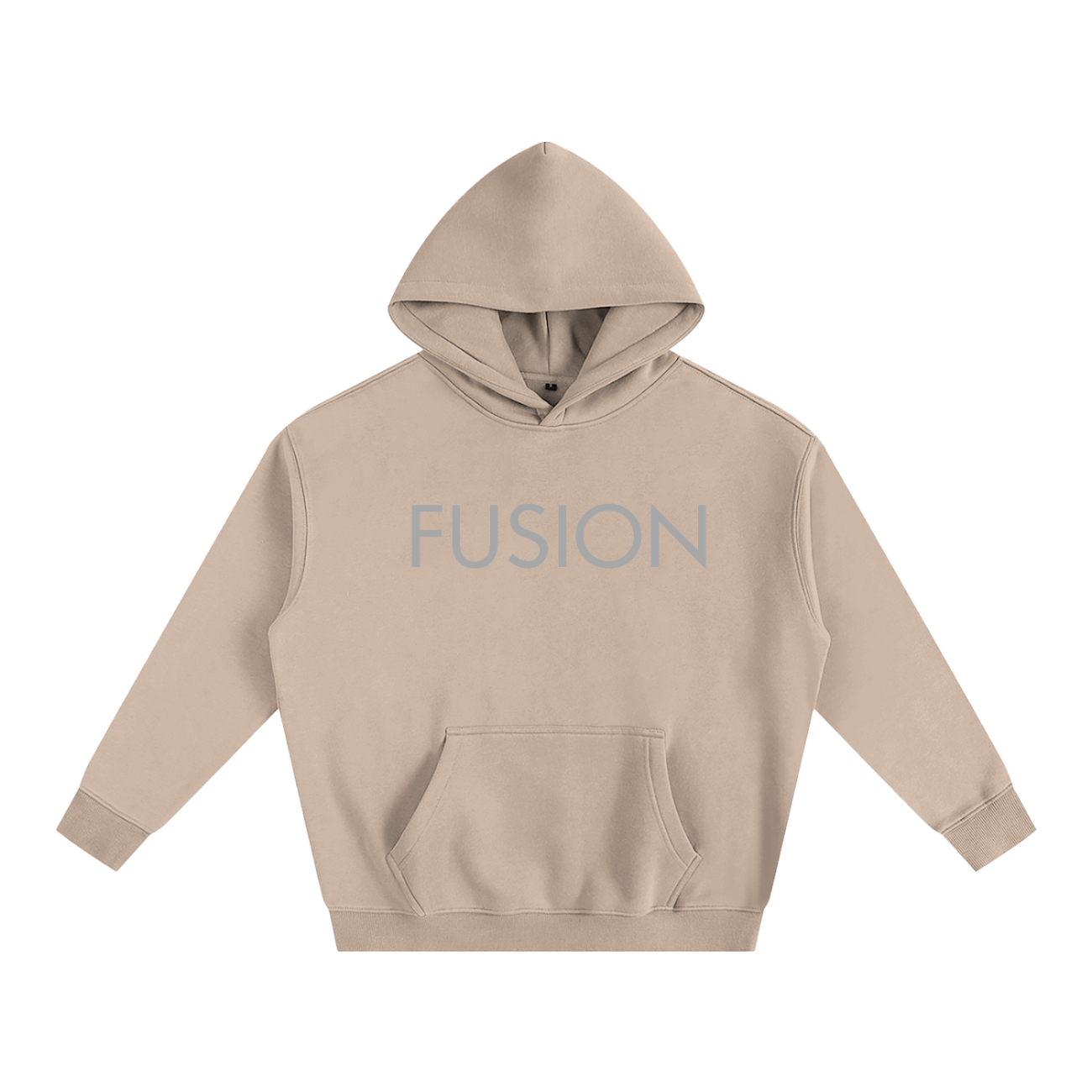 The Fusion Oversize Fleeced Hoodie is a beige, hooded sweatshirt featuring a front pouch pocket and FUSION in light gray capitals on the chest, blending affordable luxury with casual comfort. Shown laid flat on a white background.