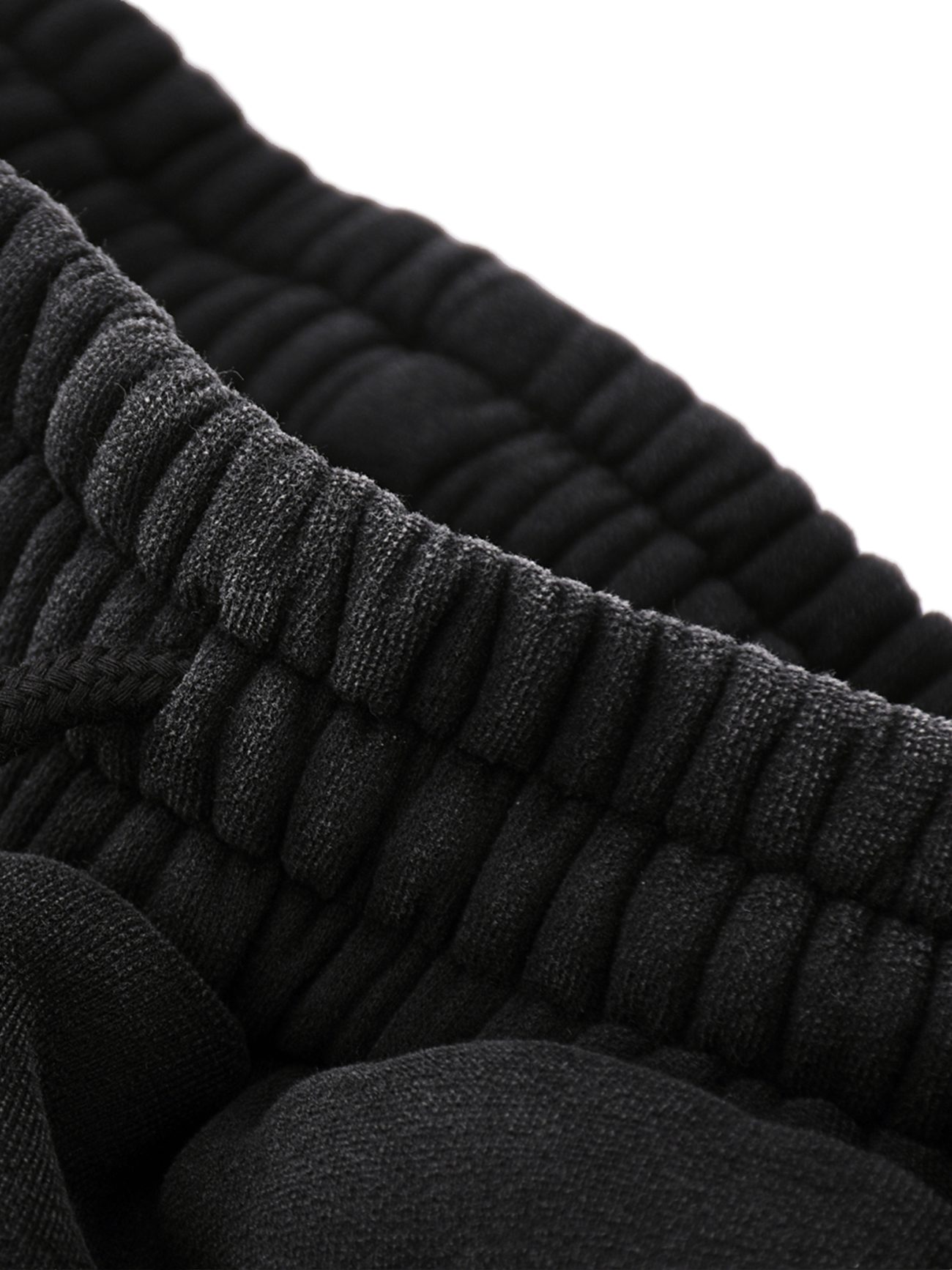 Close-up of the elastic waistband on our Fleeced Jogger Sweatpants in black—showcasing the textured fabric and meticulous stitching from our Affordable Luxury Clothing line.