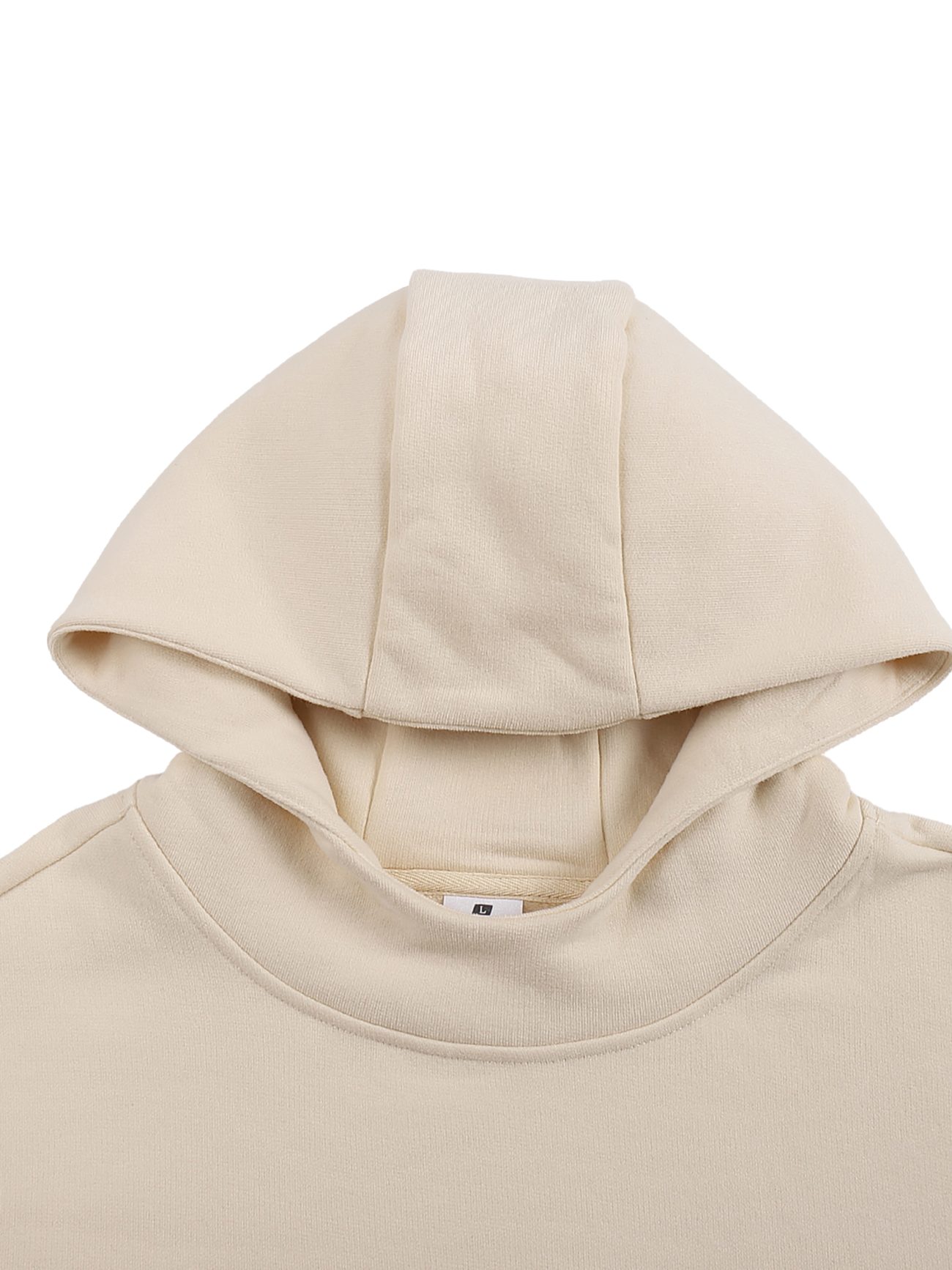 Close-up of a Fleeced High Neck Hoodie in light beige, highlighting the hood and upper neckline, laid flat on a white background.