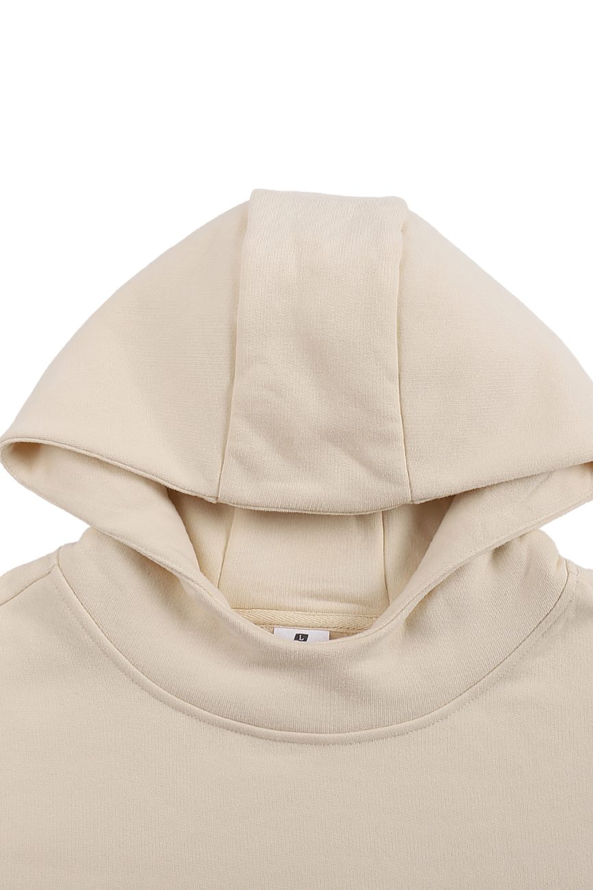 Close-up of a Fleeced High Neck Hoodie in light beige, highlighting the hood and upper neckline, laid flat on a white background.