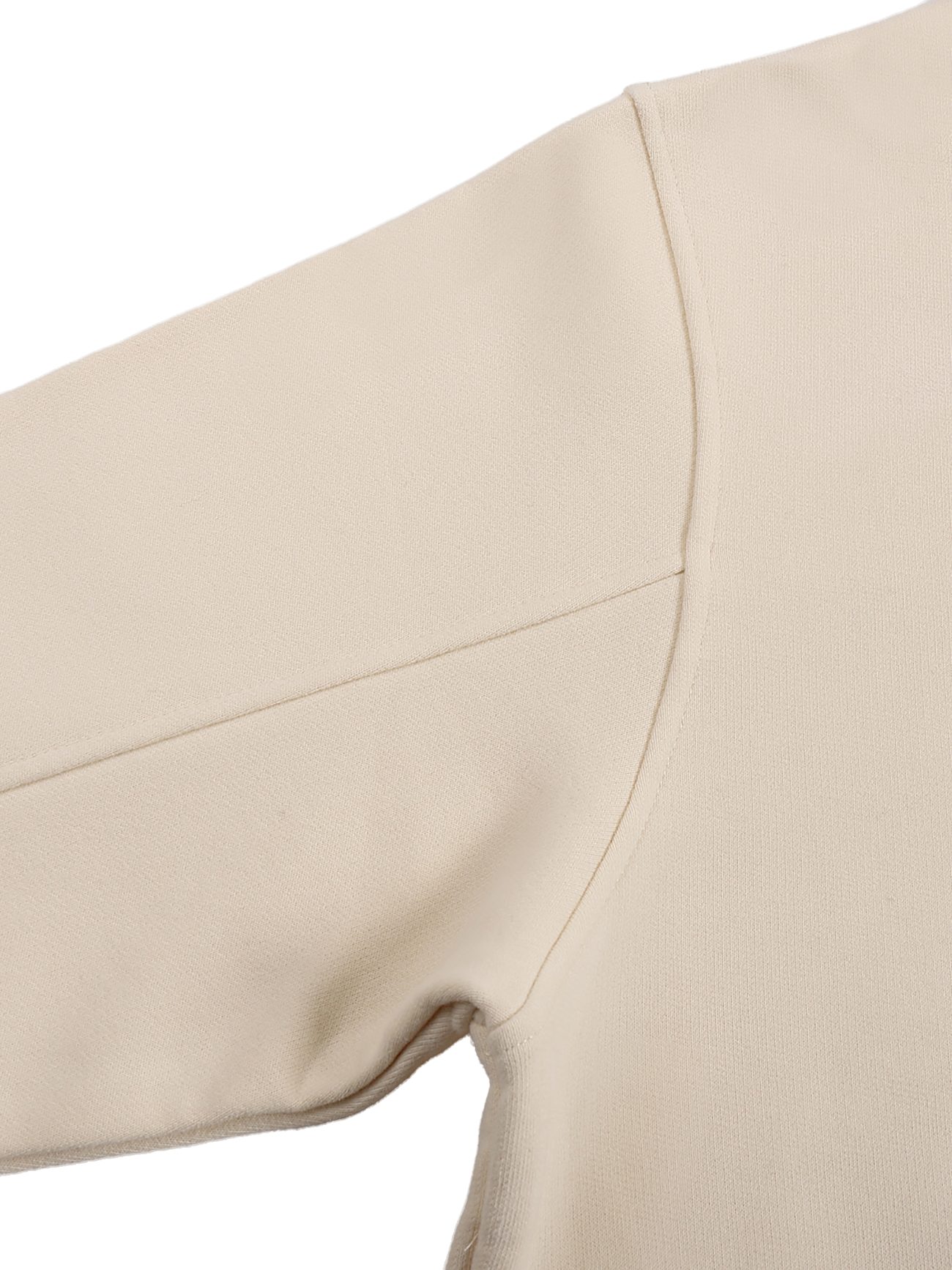 Close-up view of the upper sleeve and shoulder seam of the Fleeced High Neck Hoodie in beige, showcasing its textured fabric and detailed stitching that exemplify the craftsmanship of Affordable Luxury Clothing.