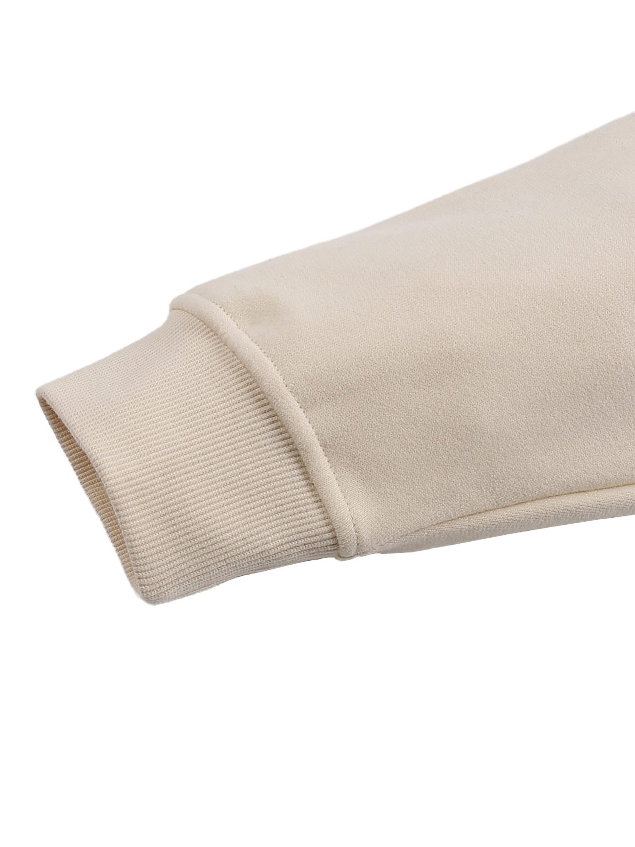 Close-up of the Fleeced High Neck Hoodie sleeve, highlighting the ribbed cuff and plush fabric—an affordable luxury piece in beige against a white background.
