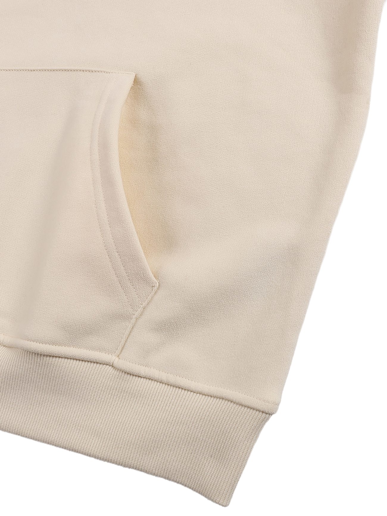 Close-up of our Fleeced High Neck Hoodie, featuring a beige color, partial kangaroo pocket, ribbed hem, and soft fabric texture from the Affordable Luxury Clothing line.