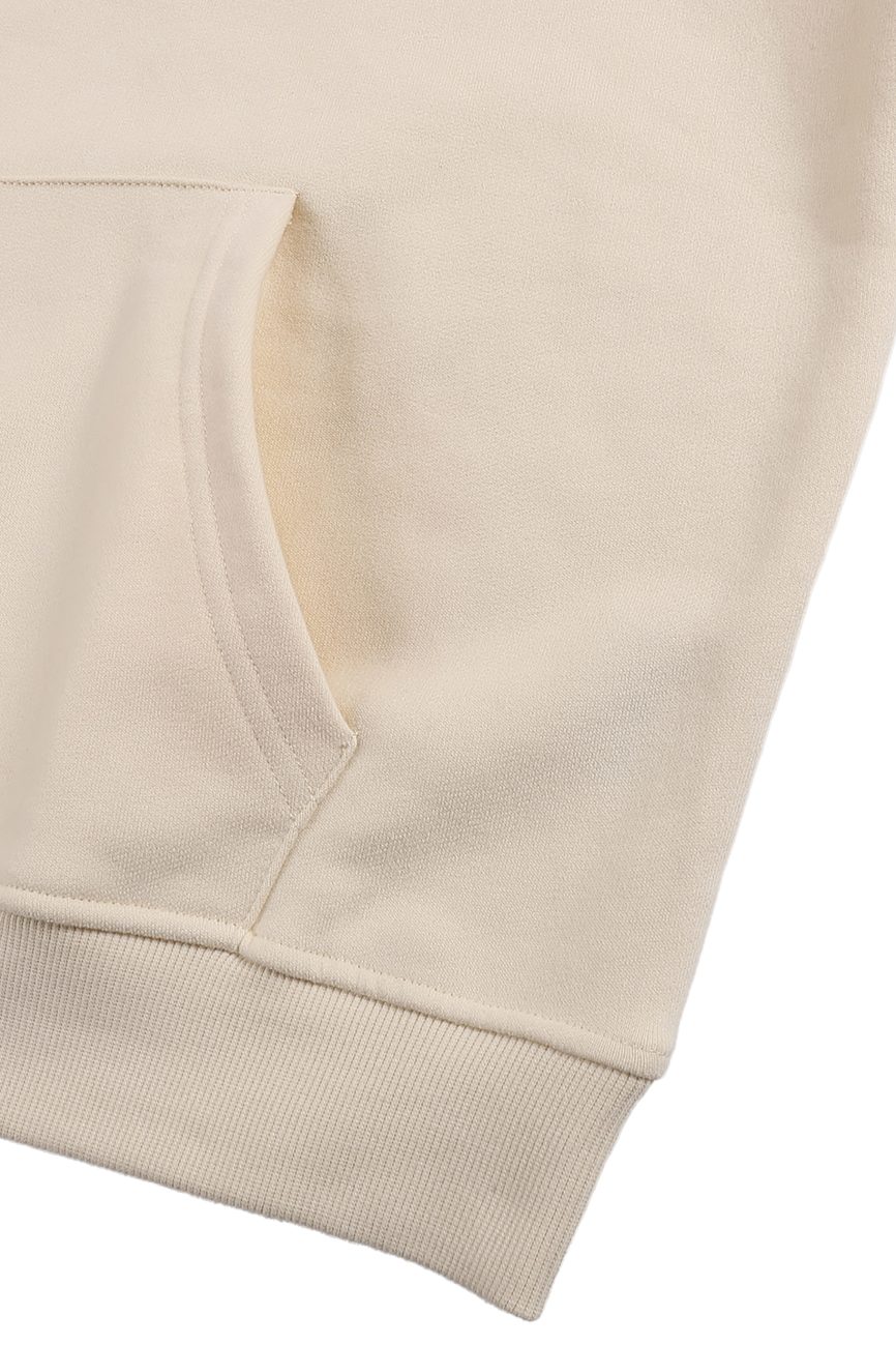 Close-up of our Fleeced High Neck Hoodie, featuring a beige color, partial kangaroo pocket, ribbed hem, and soft fabric texture from the Affordable Luxury Clothing line.