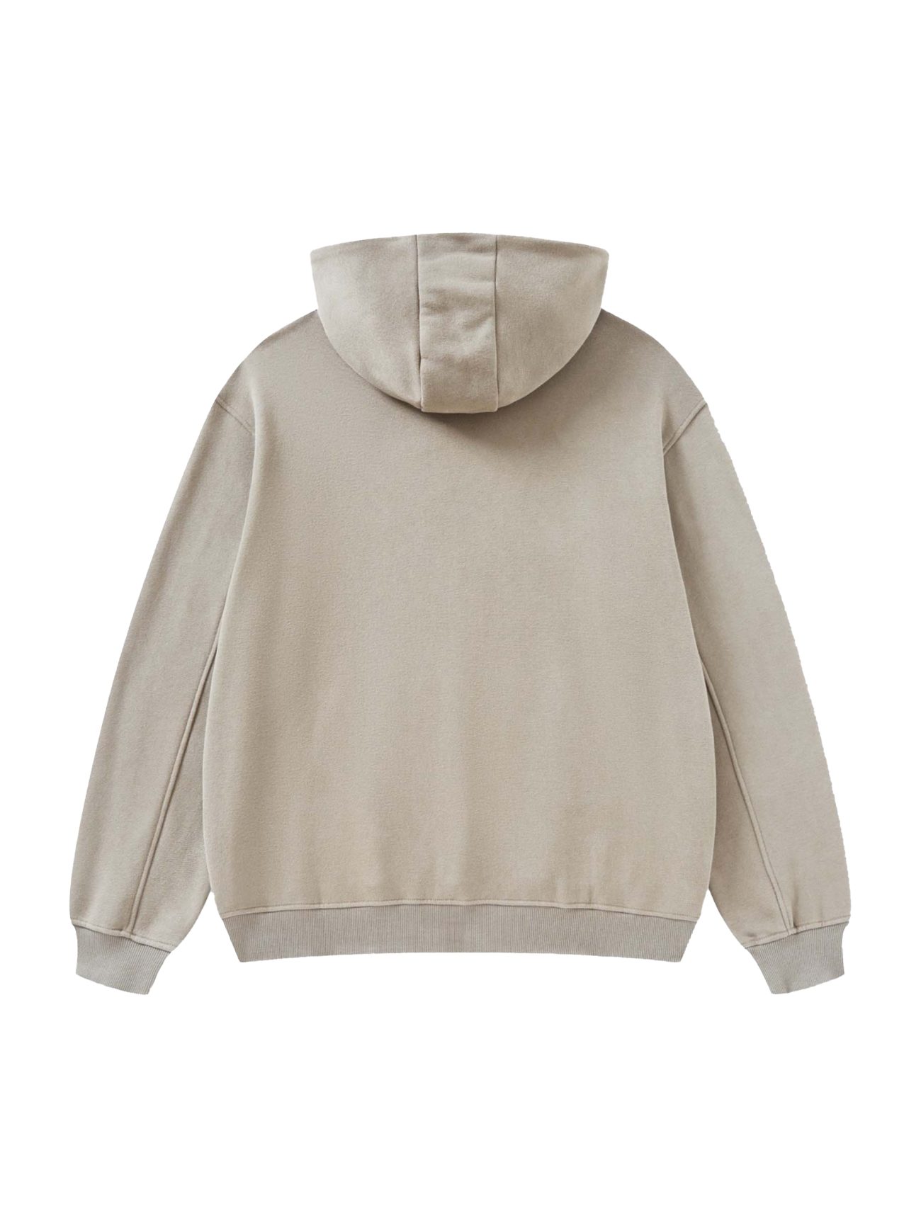 The Fleeced High Neck Hoodie is shown from the back in beige, featuring long sleeves, ribbed cuffs and waistband. This relaxed fit piece combines timeless style with premium comfort at an affordable price.