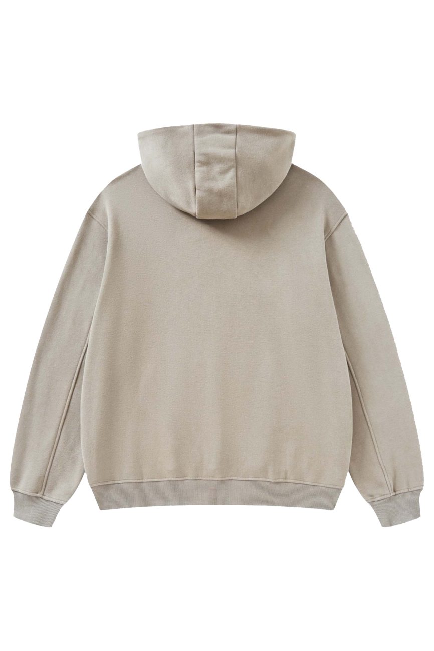 The Fleeced High Neck Hoodie is shown from the back in beige, featuring long sleeves, ribbed cuffs and waistband. This relaxed fit piece combines timeless style with premium comfort at an affordable price.