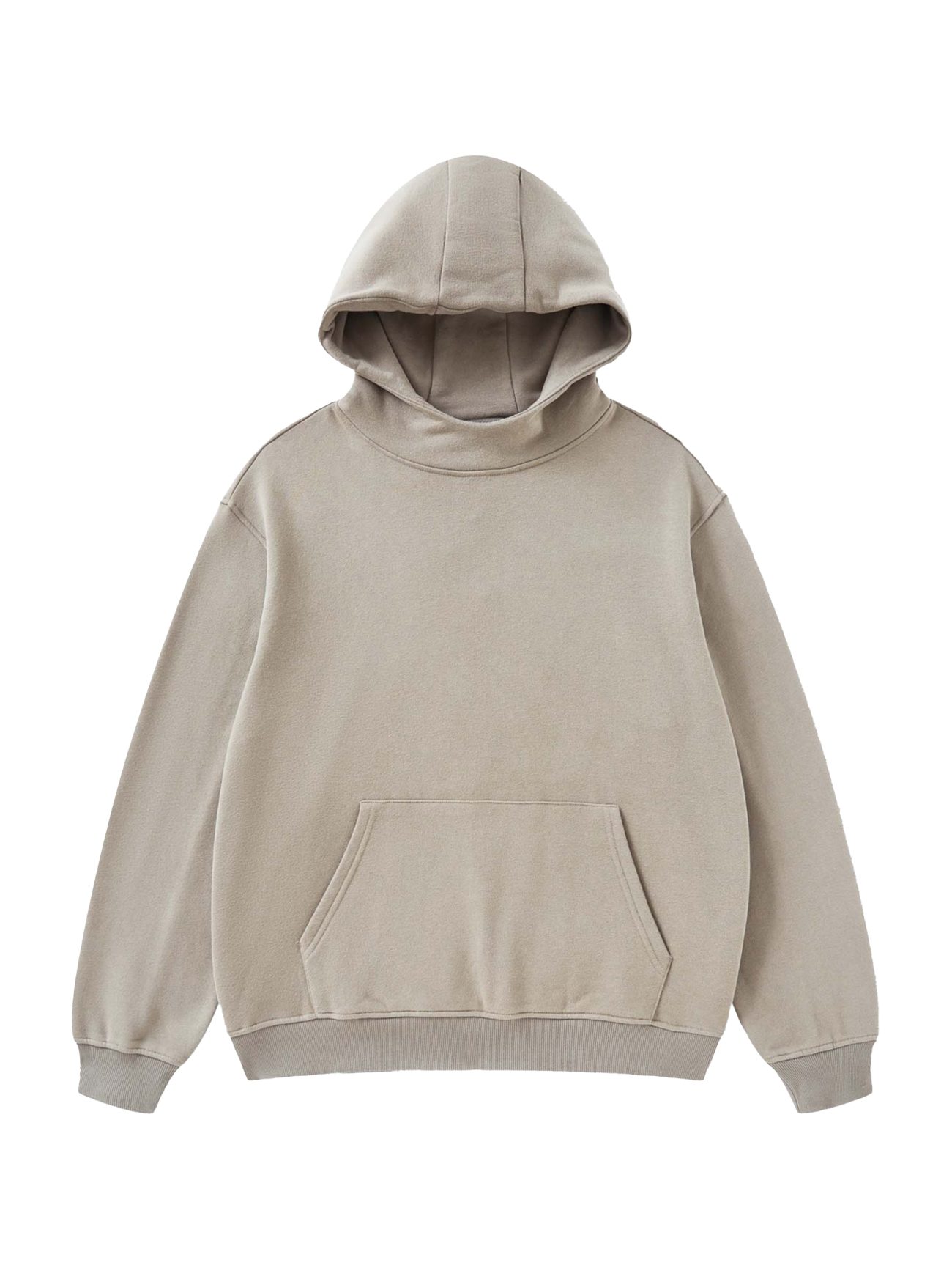 The Fleeced High Neck Hoodie, featuring a front kangaroo pocket, long sleeves, ribbed cuffs and hem, and an attached hood, is an everyday essential from our Affordable Luxury Clothing collection. Laid flat on a white background.