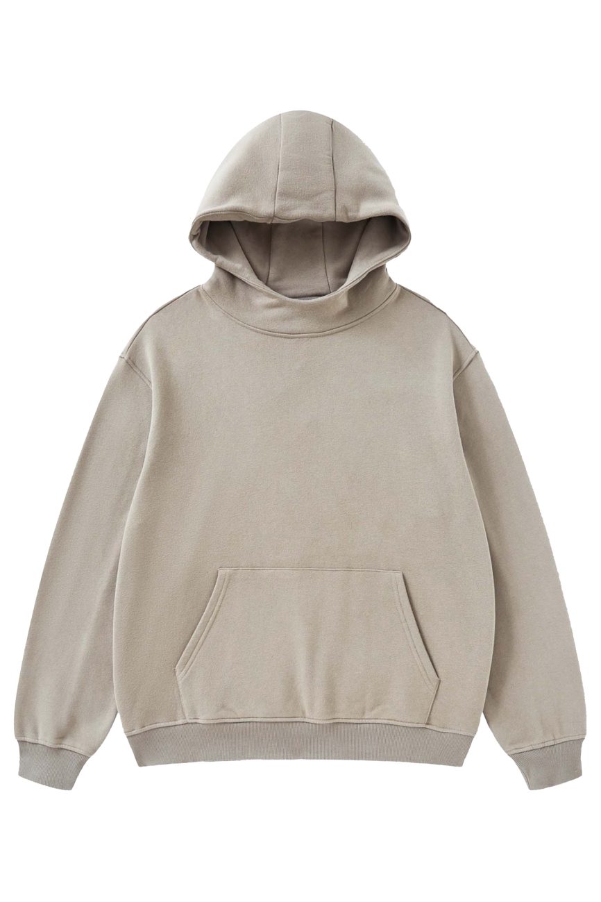 The Fleeced High Neck Hoodie, featuring a front kangaroo pocket, long sleeves, ribbed cuffs and hem, and an attached hood, is an everyday essential from our Affordable Luxury Clothing collection. Laid flat on a white background.