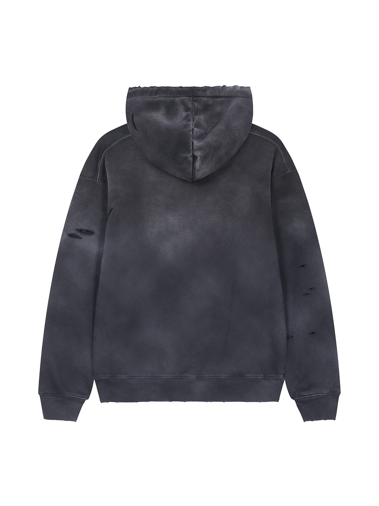 The Company - Heavyweight Pure Cotton Hand-Frayed Monkey Washed Hoodie features a black, distressed look with a faded effect, small rips, and worn sleeve details—an effortless piece of affordable luxury shown from the back with the hood up.
