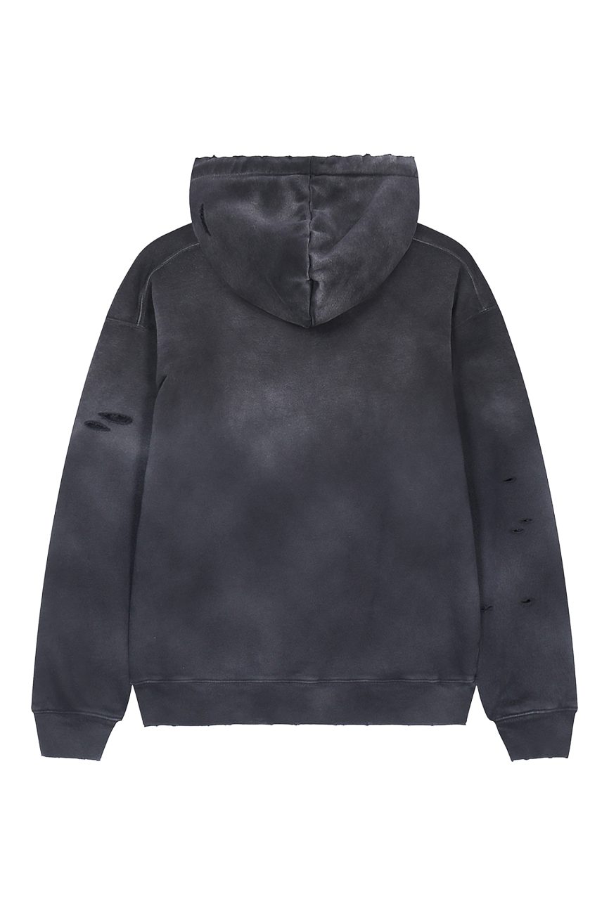 The Company - Heavyweight Pure Cotton Hand-Frayed Monkey Washed Hoodie features a black, distressed look with a faded effect, small rips, and worn sleeve details—an effortless piece of affordable luxury shown from the back with the hood up.