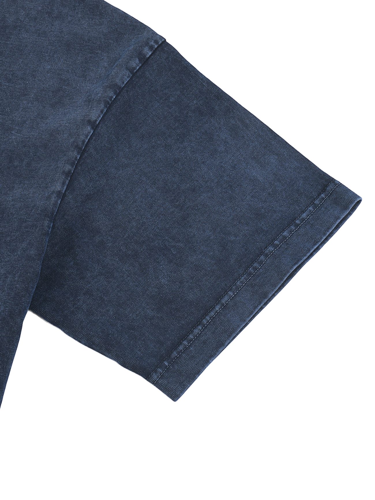 A close-up of the dark blue short sleeve on the Fusion Heavyweight Snow-Washed Polo T-Shirt highlights precise seam and stitching details—exemplifying affordable luxury craftsmanship.