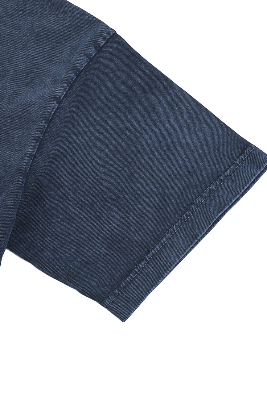 A close-up of the dark blue short sleeve on the Fusion Heavyweight Snow-Washed Polo T-Shirt highlights precise seam and stitching details—exemplifying affordable luxury craftsmanship.