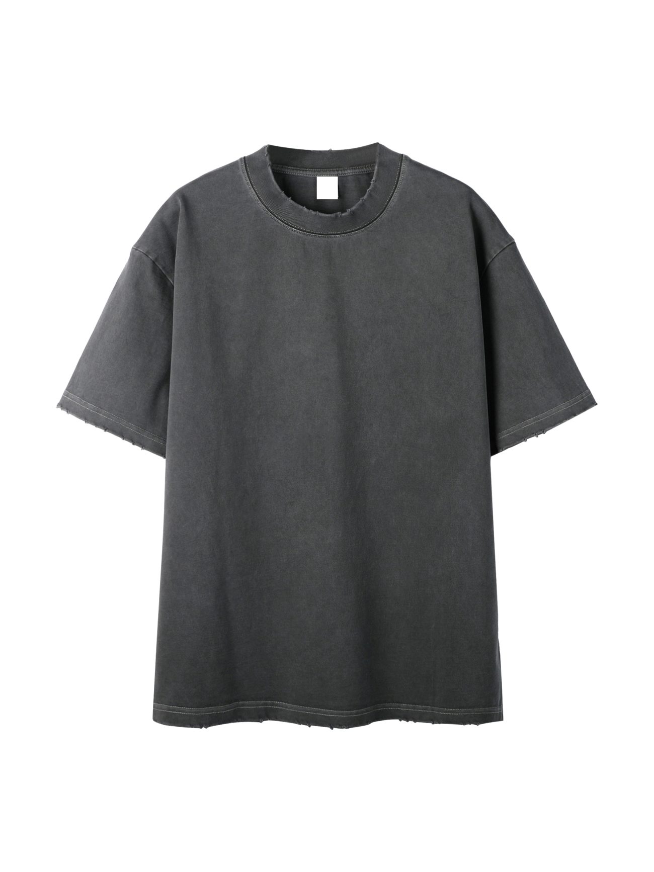 The Toile De Jouy Heavyweight Vintage Washed Frayed T-Shirt, an oversized black tee with short sleeves and a crew neck, features frayed edges and a washed finish, blending casual style with affordable luxury against a white backdrop.