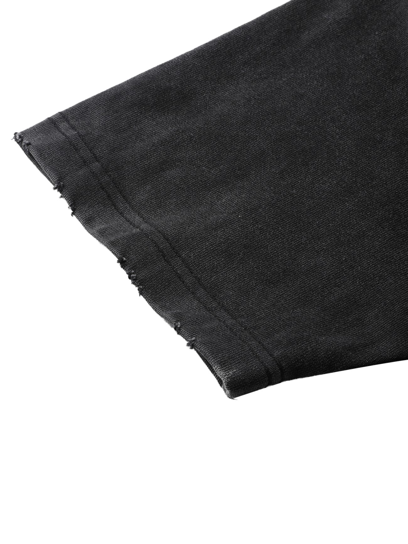 Close-up of the sleeve of our Toile De Jouy - Heavyweight Vintage Washed Frayed T-Shirt, featuring double stitching, a slightly frayed edge, and soft textured fabric for a premium feel.