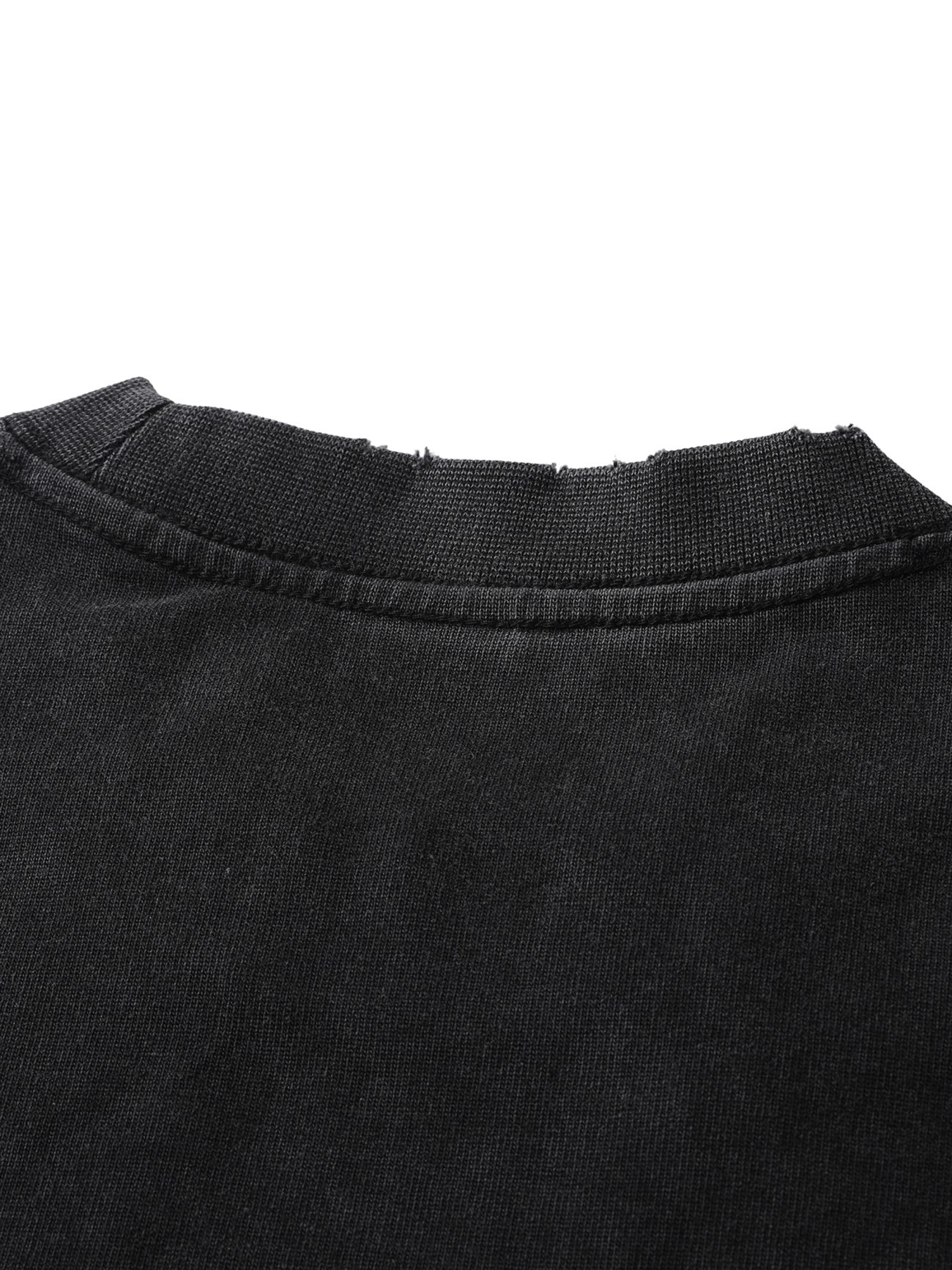 Close-up of the back neckline of our Toile De Jouy - Heavyweight Vintage Washed Frayed T-Shirt, showing a ribbed collar with distressed edges.