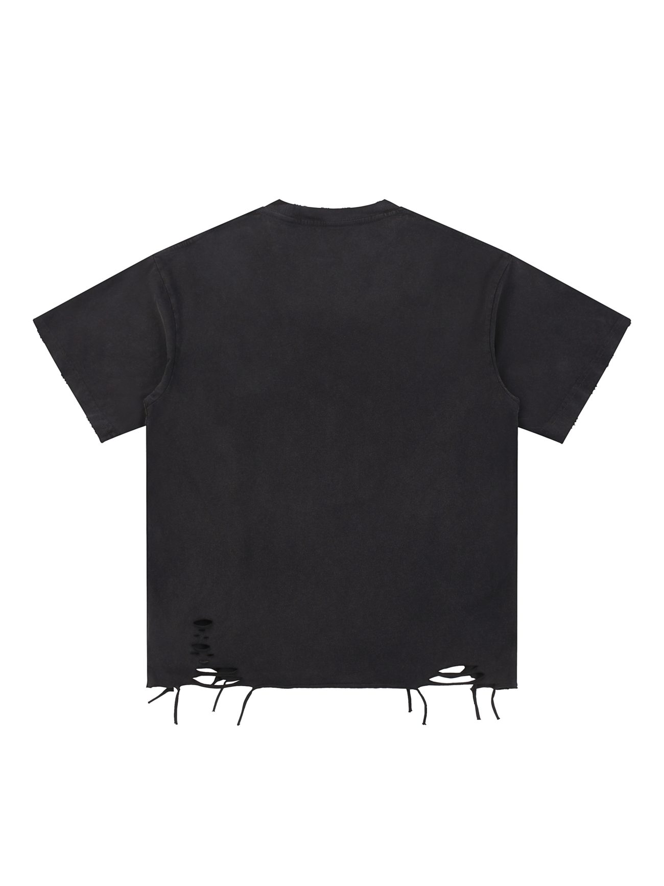 The Fusion Snow Washed Raw-Hem T-Shirt is a plain black tee seen from the back, featuring short sleeves, small holes, and frayed edges near the bottom hem—affordable luxury with an effortlessly cool vibe.
