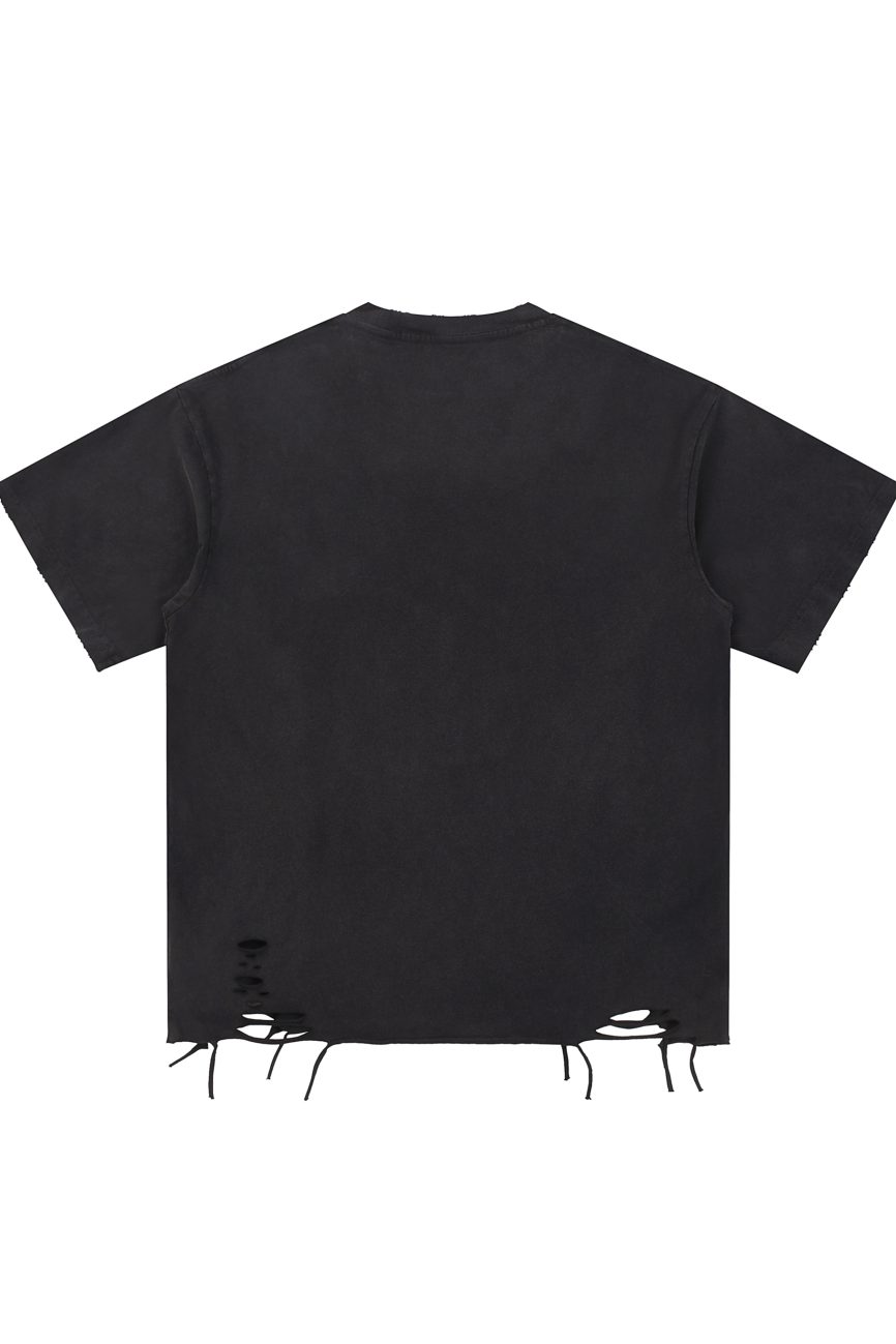 The Fusion Snow Washed Raw-Hem T-Shirt is a plain black tee seen from the back, featuring short sleeves, small holes, and frayed edges near the bottom hem—affordable luxury with an effortlessly cool vibe.