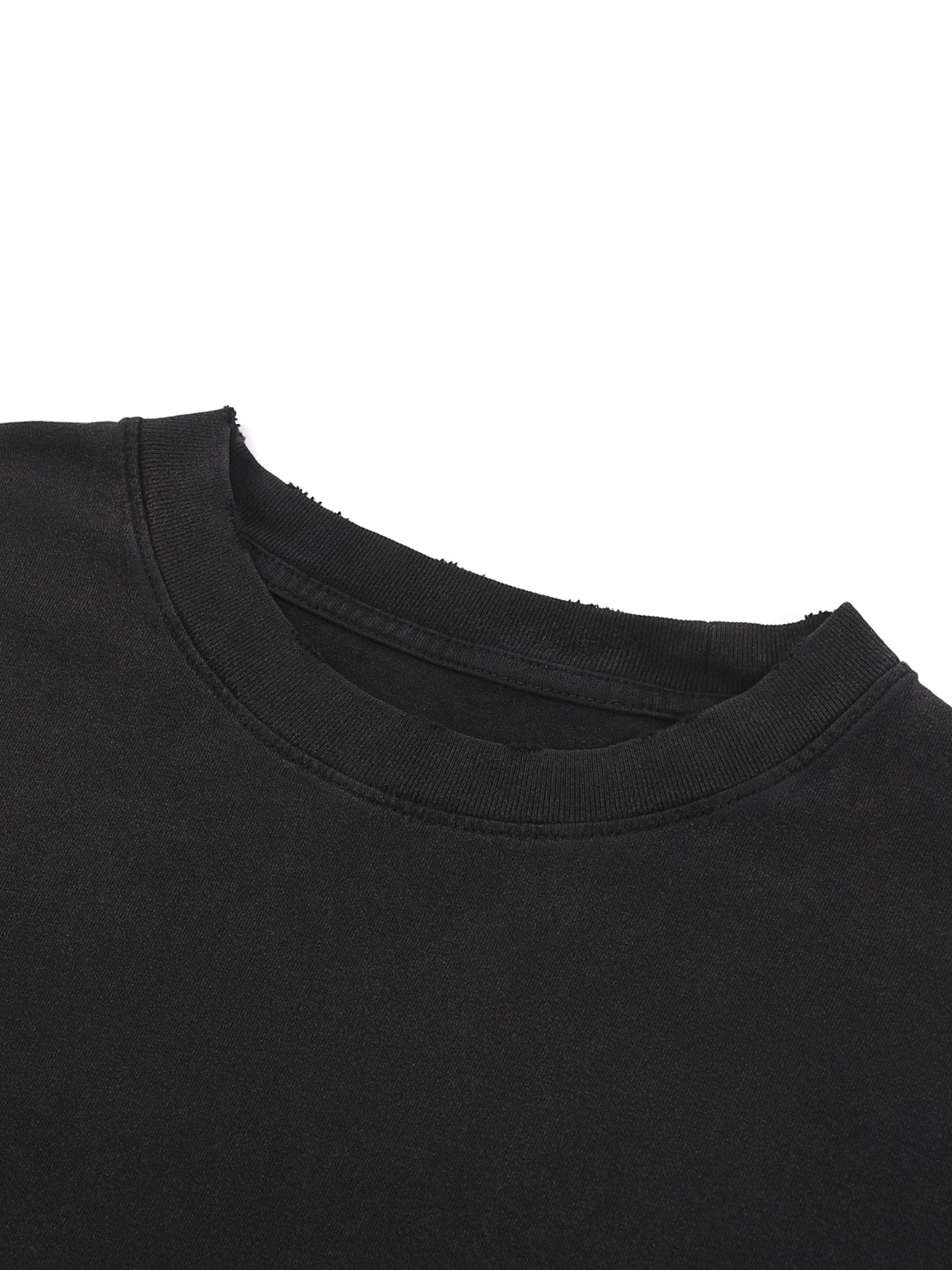 Close-up of the neckline and shoulder of the Fusion Snow Washed Raw-Hem T-Shirt, showcasing its fabric texture and stitching—an affordable luxury tee.