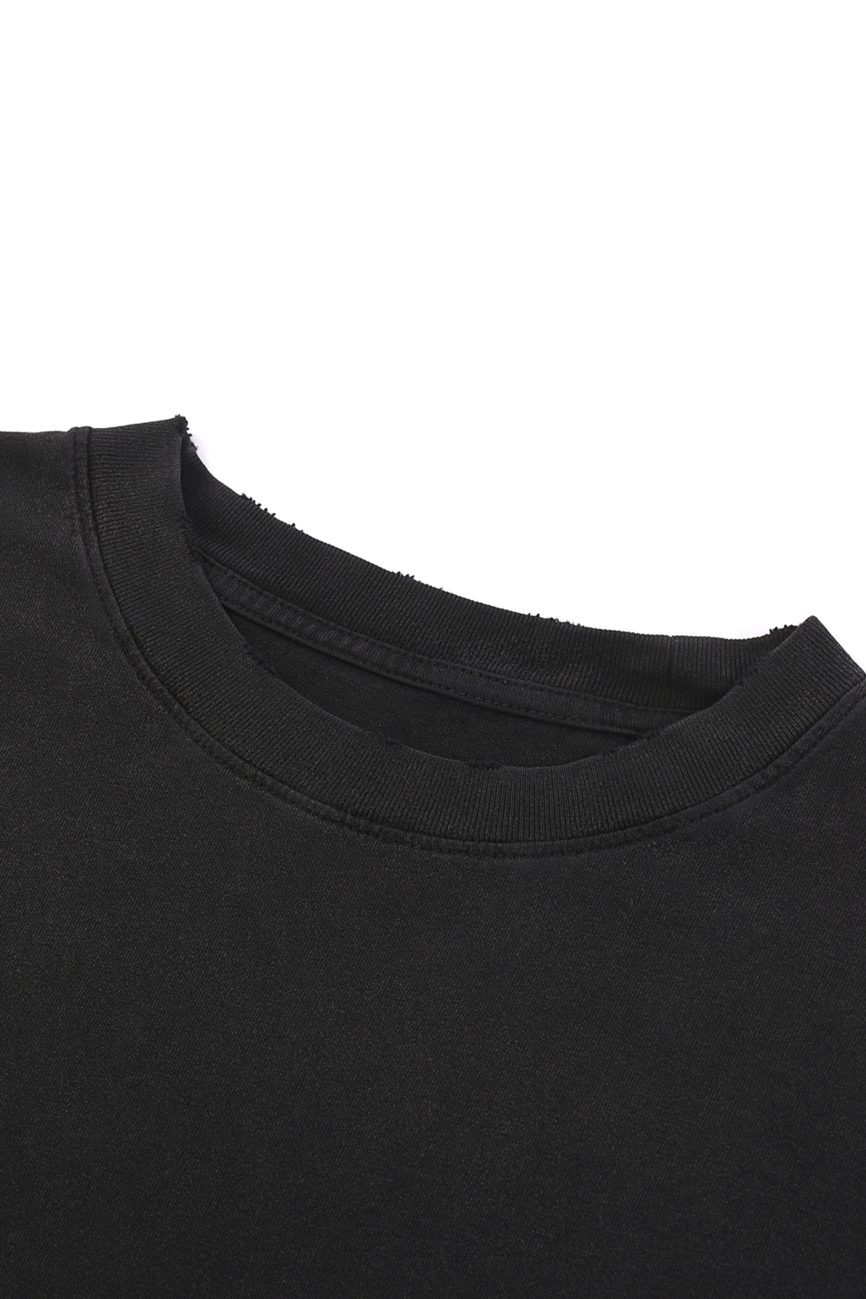 Close-up of the neckline and shoulder of the Fusion Snow Washed Raw-Hem T-Shirt, showcasing its fabric texture and stitching—an affordable luxury tee.