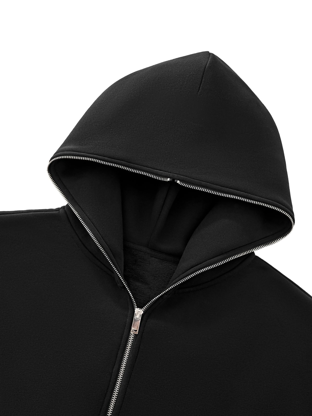 A close-up of the FC&Co. Fleeced Full-Zip Boxy Hoodie in black, featuring a silver zipper and partially unzipped, set against a white background.